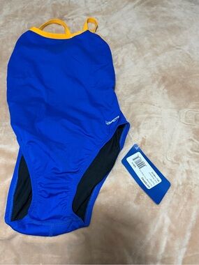NWT Waterpro Performance Contrast Thin Strap Royal/Gold One Piece Swimsuit 32/S